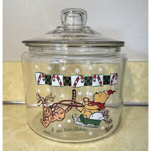 Large Winnie The Pooh & Tigger Holiday Glass Cookie Jar Canister W/Lid 7” Dia.